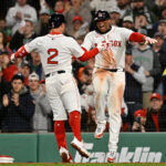Apr 6, 2025; Boston, Massachusetts, USA; Boston Red Sox third baseman Alex Bregman (2) celebrates a three run home run against the St. Louis Cardinals with designated hitter Rafael Devers (11) during the third inning at Fenway Park. Mandatory Credit: Eric Canha-Imagn Images