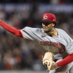 Apr 7, 2025; San Francisco, California, USA; Cincinnati Reds starting pitcher Hunter Greene (21) throws against the San Francisco Giants during the ninth inning at Oracle Park. Mandatory Credit: John Hefti-Imagn Images