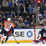 Apr 9, 2025; New York, New York, USA; Philadelphia Flyers right wing Tyson Foerster (71) celebrates his shot handed goal against the New York Rangers during the second period at Madison Square Garden. Mandatory Credit: Dennis Schneidler-Imagn Images