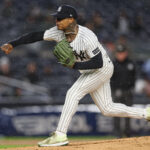 Apr 11, 2025; Bronx, New York, USA; New York Yankees starting pitcher Marcus Stroman (0) delivers a pitch during the first inning against the San Francisco Giants at Yankee Stadium. Mandatory Credit: Vincent Carchietta-Imagn Images
