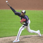 Apr 11, 2025; Cleveland, Ohio, USA; Cleveland Guardians relief pitcher Triston McKenzie (24) delivers a pitch in the ninth inning against the Kansas City Royals at Progressive Field. Mandatory Credit: David Richard-Imagn Images