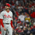 Apr 11, 2025; St. Louis, Missouri, USA; Philadelphia Phillies starting pitcher Aaron Nola (27) walks off the field after the fifth inning against the St. Louis Cardinals at Busch Stadium. Mandatory Credit: Jeff Curry-Imagn Images