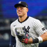 Apr 12, 2025; Bronx, New York, USA; New York Yankees outfielder Aaron Judge (99) reacts after catching a pop fly against the San Francisco Giants during the eighth inning at Yankee Stadium. Mandatory Credit: Tom Horak-Imagn Images