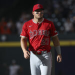 Apr 12, 2025; Houston, Texas, USA; Los Angeles Angels right fielder Mike Trout (27) walks on the field before the game against the Houston Astros at Daikin Park. Mandatory Credit: Troy Taormina-Imagn Images