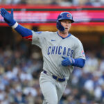 Apr 13, 2025; Los Angeles, California, USA; Chicago Cubs outfielder Pete Crow-Armstrong (4) celebrates as he rounds the bases after hitting a solo home run against the Los Angeles Dodgers during the seventh inning of the game at Dodger Stadium. Mandatory Credit: Kiyoshi Mio-Imagn Images