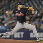 Apr 16, 2025; Toronto, Ontario, CAN; Atlanta Braves starting pitcher Spencer Strider (99) pitches to the Toronto Blue Jays during the first inning at Rogers Centre. Mandatory Credit: John E. Sokolowski-Imagn Images