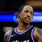 Apr 16, 2025; Sacramento, California, USA; Sacramento Kings forward DeMar DeRozan (10) looks on during the fourth quarter against the Dallas Mavericks at Golden 1 Center.