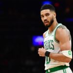 Apr 20, 2025; Boston, Massachusetts, USA; Boston Celtics forward Jayson Tatum (0) during the first half against the Orlando Magic at TD Garden.