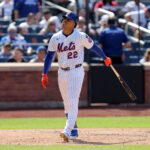 Apr 23, 2025; New York City, New York, USA; New York Mets right fielder Juan Soto (22) reacts after striking out during the seventh inning against the Philadelphia Phillies at Citi Field. Mandatory Credit: Brad Penner-Imagn Images