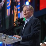 Apr 24, 2025; Green Bay, WI, USA; NFL commissioner Roger Goodell speaks before the first round of the 2025 NFL Draft at Lambeau Field.