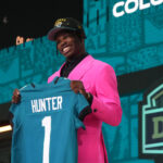 Apr 24, 2025; Green Bay, WI, USA; Colorado Buffaloes wide receiver Travis Hunter is selected by the Jacksonville Jaguars as the number two pick in the first round of the 2025 NFL Draft at Lambeau Field. Mandatory Credit: Kirby Lee-Imagn Images