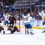 Apr 24, 2025; Ottawa, Ontario, CAN; The Toronto Maple Leafs celebrate a goal scored by left wing Matthew Knies (23) in game three of the first round of the 2025 Stanley Cup Playoffs against the Ottawa Senators at Canadian Tire Centre. Mandatory Credit: Marc DesRosiers-Imagn Images