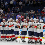 Apr 24, 2025; Tampa, Florida, USA; Florida Panthers celebrate after beating the Tampa Bay Lightning in game two of the first round of the 2025 Stanley Cup Playoffs at Amalie Arena. Mandatory Credit: Nathan Ray Seebeck-Imagn Images
