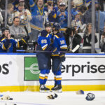Apr 24, 2025; St. Louis, Missouri, USA; St. Louis Blues left wing Pavel Buchnevich (89) is congratulated by center Robert Thomas (18) after recording a hat trick against the Winnipeg Jets during the third period in game three of the first round of the 2025 Stanley Cup Playoffs at Enterprise Center. Mandatory Credit: Jeff Curry-Imagn Images
