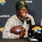 NFL: Syndication: Florida Times-Union - The Jacksonville Jaguars first-round pick, Colorado Buffaloes wide receiver and defensive back Travis Hunter answers questions during a press conference Friday, March 25, 2025 at Miller Electric Center in Jacksonville, Fla. [Doug Engle/Florida Times-Union]