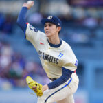 Apr 26, 2025; Los Angeles, California, USA; Los Angeles Dodgers pitcher Roki Sasaki (11) pitches in the second inning against the Pittsburgh Pirates at Dodger Stadium. Mandatory Credit: Gary A. Vasquez-Imagn Images
