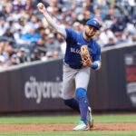 Apr 27, 2025; Bronx, New York, USA; Toronto Blue Jays shortstop Bo Bichette (11) throws the ball to first base for an out during the second inning against the New York Yankees at Yankee Stadium. Mandatory Credit: Vincent Carchietta-Imagn Images