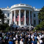 President Donald Trump welcomes players and staff of the Philadelphia Eagles to celebrate their Super Bowl victory at the White House Monday, April 28, 2025.