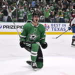 Apr 28, 2025; Dallas, Texas, USA; Dallas Stars left wing Mason Marchment (27) celebrates after he scores a goal against the Colorado Avalanche during the second period in game five of the first round of the 2025 Stanley Cup Playoffs at American Airlines Center. Mandatory Credit: Jerome Miron-Imagn Images