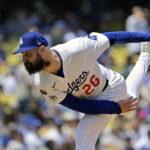 Apr 30, 2025; Los Angeles, California, USA; Los Angeles Dodgers starting pitcher Tony Gonsolin (26) pitches against the Miami Marlins during the fourth inning at Dodger Stadium. Mandatory Credit: Jayne Kamin-Oncea-Imagn Images