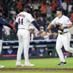 Apr 23, 2025; Houston, Texas, USA; Houston Astros designated hitter Yordan Alvarez (44) shakes hands with center fielder Jake Meyers (6) after defeating the Toronto Blue Jays at Daikin Park.