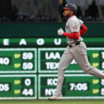 Apr 15, 2025; Pittsburgh, Pennsylvania, USA; Washington Nationals left fielder James Wood (29) circles the bases on a solo home run against the Pittsburgh Pirates during the first inning at PNC Park.