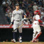 May 28, 2025; Anaheim, California, USA; New York Yankees designated hitter Aaron Judge (99) reacts after striking out in the seventh inning against the Los Angeles Angels at Angel Stadium. Mandatory Credit: Kirby Lee-Imagn Images