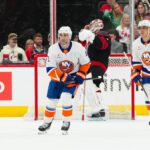 New York Islanders center Kyle Palmieri (21) celebrates his goal against the Carolina Hurricanes during the first period at Lenovo Center.