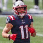 Sep 27, 2020; Foxborough, Massachusetts, USA; New England Patriots receiver Julian Edelman (11) reacts during the first half against the Las Vegas Raiders at Gillette Stadium. Mandatory Credit: Paul Rutherford-USA TODAY Sports