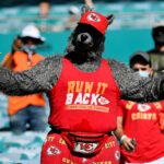 Dec 13, 2020; Miami Gardens, Florida, USA; A Kansas City Chiefs fan dressed as a wolf poses for a photo while attending the game between the Miami Dolphins and the Kansas City Chiefs at Hard Rock Stadium.