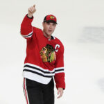 Apr 13, 2023; Chicago, Illinois, USA; Chicago Blackhawks center Jonathan Toews (19) is honored after the game against the Philadelphia Flyers. He played his last game as a Blackhawk, at United Center. Mandatory Credit: David Banks-USA TODAY Sports