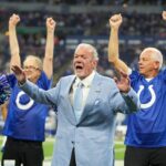 Jim Irsay, Colts owner, participates in a special grandparents event on a halftime performance by Colts Junior Cheer, during a break in action against the Los Angeles Rams at Indianapolis Colts, on Sunday, Oct. 1, 2023, at Lucas Oil Stadium in Indianapolis.