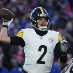 Jan 15, 2024; Orchard Park, New York, USA; Pittsburgh Steelers quarterback Mason Rudolph (2) throws the ball in the first half against the Buffalo Bills in a 2024 AFC wild card game at Highmark Stadium. Mandatory Credit: Kirby Lee-USA TODAY Sports