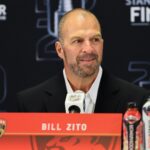 Jun 7, 2024; Sunrise, Florida, USA; Florida Panthers general manager Bill Zito speaks to reporters during media day in advance of the 2024 Stanley Cup Final at Amerant Bank Arena. Mandatory Credit: Sam Navarro-USA TODAY Sports