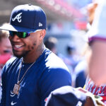 Aug 18, 2024; Anaheim, California, USA; Atlanta Braves outfielder Ronald Acuña Jr. (13) in the dugout against the Los Angeles Angels during the ninth inning at Angel Stadium.