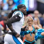 Sep 29, 2024; Charlotte, North Carolina, USA; Carolina Panthers linebacker Jadeveon Clowney (7) during 1st quarter against the Cincinnati Bengals at Bank of America Stadium. Mandatory Credit: Jim Dedmon-Imagn Images