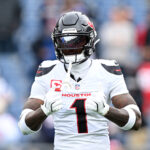 Oct 13, 2024; Foxborough, Massachusetts, USA; Houston Texans wide receiver Stefon Diggs (1) reacts before a game against the New England Patriots at Gillette Stadium.