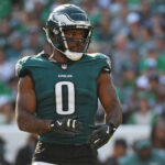 Oct 13, 2024; Philadelphia, Pennsylvania, USA; Philadelphia Eagles defensive end Bryce Huff (0) against the Cleveland Browns at Lincoln Financial Field. Mandatory Credit: Eric Hartline-Imagn Images