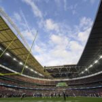Oct 20, 2024; London, United Kingdom; A wide view of play in the first half between the New England Patriots and the Jacksonville Jaguars during an NFL International Series game at Wembley Stadium. Mandatory Credit: Peter van den Berg-Imagn Images