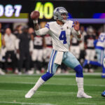 Nov 3, 2024; Atlanta, Georgia, USA; Dallas Cowboys quarterback Dak Prescott (4) throws a pass against the Atlanta Falcons in the third quarter at Mercedes-Benz Stadium. Mandatory Credit: Brett Davis-Imagn Images