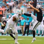 Nov 17, 2024; Miami Gardens, Florida, USA; Las Vegas Raiders punter AJ Cole (6) kicks Miami Dolphins defensive tackle Calais Campbell (93) in the helmet during the first quarter at Hard Rock Stadium. Mandatory Credit: Sam Navarro-Imagn Images