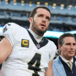 Dec 8, 2024; East Rutherford, New Jersey, USA; New Orleans Saints quarterback Derek Carr (4) walks off the field after field after an injury during the fourth quarter at MetLife Stadium. Mandatory Credit: Vincent Carchietta-Imagn Images