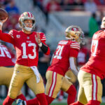 Dec 8, 2024; Santa Clara, California, USA; San Francisco 49ers quarterback Brock Purdy (13) throws a pass during the first quarter against the Chicago Bears at Levi's Stadium. Mandatory Credit: Bob Kupbens-Imagn Images