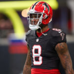 Dec 22, 2024; Atlanta, Georgia, USA; Atlanta Falcons tight end Kyle Pitts (8) prepares for a game against the New York Giants at Mercedes-Benz Stadium.