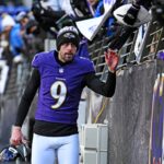 Jan 4, 2025; Baltimore, Maryland, USA; Baltimore Ravens place kicker Justin Tucker (9) arrives before the game against the Cleveland Browns at M&T Bank Stadium.