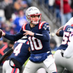 Jan 5, 2025; Foxborough, Massachusetts, USA; New England Patriots quarterback Drake Maye (10) looks to throw against the Buffalo Bills during the first half at Gillette Stadium. Mandatory Credit: Brian Fluharty-Imagn Images