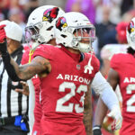 Jan 5, 2025; Glendale, Arizona, USA; Arizona Cardinals cornerback Sean Murphy-Bunting (23) reacts in the first half against the San Francisco 49ers at State Farm Stadium. Mandatory Credit: Matt Kartozian-Imagn Images