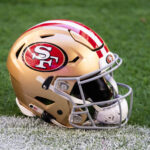Jan 5, 2025; Glendale, Arizona, USA; Detailed view of a San Francisco 49ers helmet at State Farm Stadium.