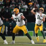Jan 12, 2025; Philadelphia, Pennsylvania, USA; Green Bay Packers quarterback Jordan Love (10) throws a pass against the Philadelphia Eagles during the first half in an NFC wild card game at Lincoln Financial Field. Mandatory Credit: Eric Hartline-Imagn Images