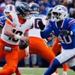 Buffalo Bills linebacker Von Miller (40) rushes towards Denver Broncos quarterback Bo Nix (10) and misses tackling him during the second half of the Buffalo Bills wild card game against the Denver Broncos at Highmark Stadium in Orchard Park on Jan. 12, 2025.